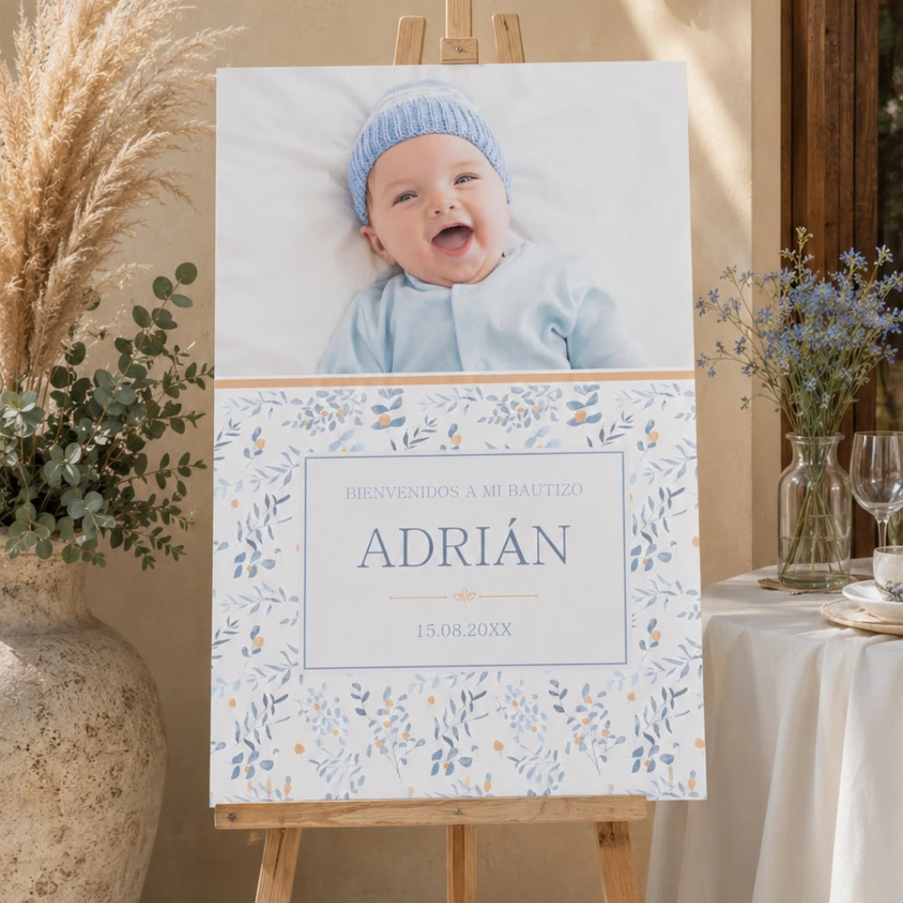 Cartel de bienvenida para bautizo floral con foto del bebé en diseño botánico azul